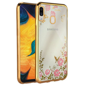 Луксозен силиконов гръб ТПУ ултратънък с 3D камъни и златист кант за Samsung Galaxy A30 A305F розови цветя 